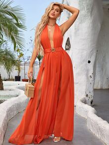 LOVE&LEMONADE Tie Backless Plunge Neck Split Thigh Belted Dress - Orange - View 5