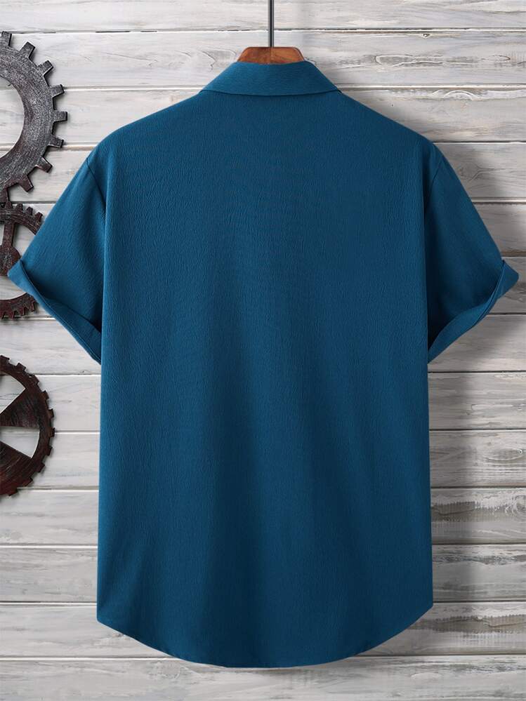 Manfinity Homme 男士前排扣弧形下擺襯衫 - 藏蓝色 - 查看 2