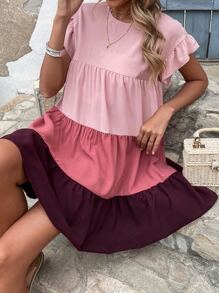 SHEIN Holidaya 撞色荷葉袖荷葉邊雪紡娃娃裙 - 彩色 - 查看 3