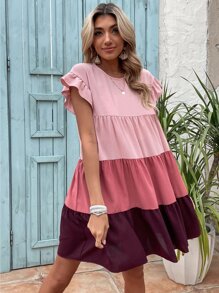 SHEIN Holidaya 撞色荷葉袖荷葉邊雪紡娃娃裙 - 彩色 - 查看 4