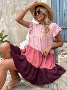 SHEIN Holidaya 撞色荷葉袖荷葉邊雪紡娃娃裙 - 彩色 - 查看 5