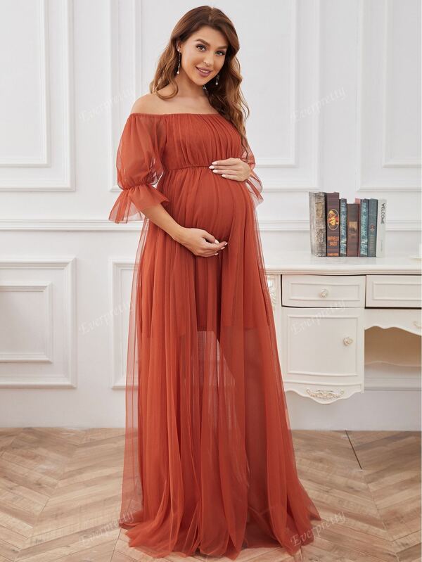 EVER-PRETTY Maternity Off Shoulder Flounce Sleeve Mesh Dress, Elegant, For Party