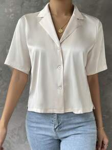 SHEIN Essnce Áo sơ mi nữ Nút phía trước màu trơn Hấp dẫn - Màu be - Xem 1