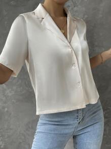 SHEIN Essnce Áo sơ mi nữ Nút phía trước màu trơn Hấp dẫn - Màu be - Xem 5