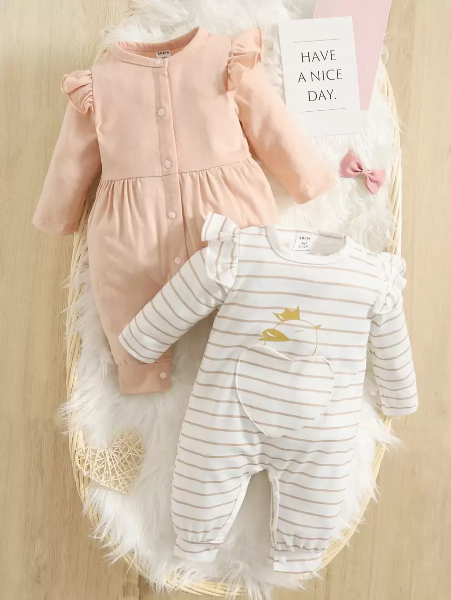 SHEIN Baby Girl 2pcs Button Up Ruffle Trim Tee Jumpsuit - Multicolor - View 1