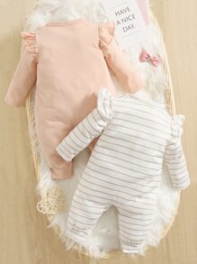 SHEIN Baby Girl 2pcs Button Up Ruffle Trim Tee Jumpsuit - Multicolor - View 2