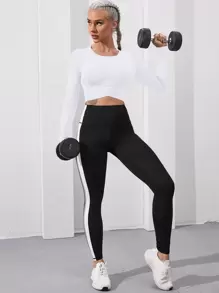 Powerista Solid Crop Slim Sports Long Sleeve Tee Fitted Shirt - White - View 3