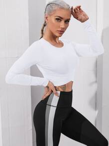Powerista Solid Crop Slim Sports Long Sleeve Tee Fitted Shirt - White - View 4