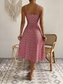 Breezaya Allover Floral Print Ruched Bust Split Thigh Cami Dress - Burgundy - View 2