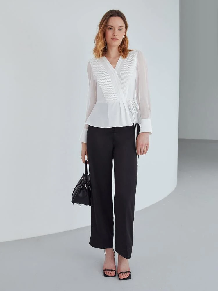 PLEATED WRAP PEPLUM BLOUSE