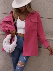 SHEIN LUNE Flap Pocket Drop Shoulder Corduroy Coat - Hot Pink - View 3