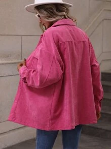 SHEIN LUNE Flap Pocket Drop Shoulder Corduroy Coat - Hot Pink - View 2