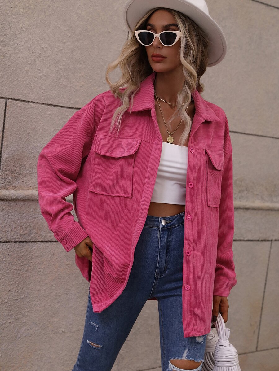 SHEIN LUNE Flap Pocket Drop Shoulder Corduroy Coat - Hot Pink - View 1