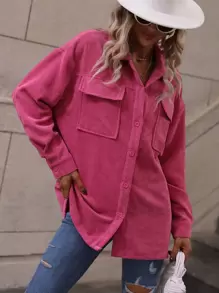 SHEIN LUNE Flap Pocket Drop Shoulder Corduroy Coat - Hot Pink - View 4