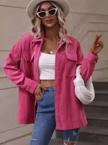 SHEIN LUNE Flap Pocket Drop Shoulder Corduroy Coat - Hot Pink - View 5