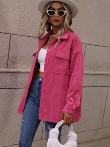 SHEIN LUNE Flap Pocket Drop Shoulder Corduroy Coat - Hot Pink - View 6