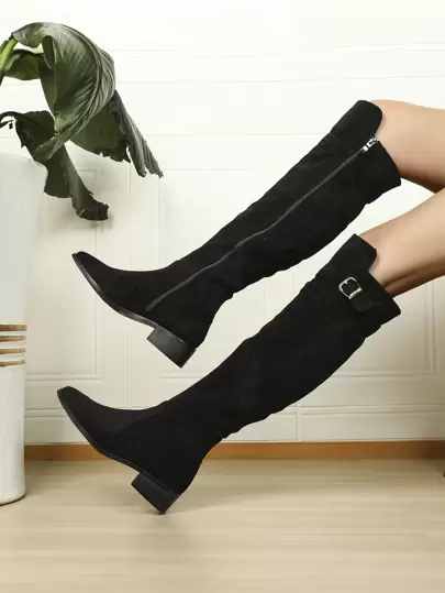 Fall/Winter 2025 Women Faux Suede Buckle Decor Zipper Side Chunky Heeled Knee High Black Riding Boots,Fashion Match Cardigan