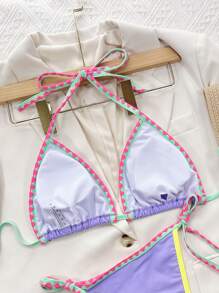 SHEIN ICON Summer Beach Two Tone Contrast Binding Tie Backless Halter Triangle Bikini Top - Violet Purple - View 2