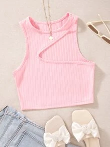 SHEIN Qutie Ribbed Knit Asymmetrical Tank Top - Baby Pink - View 1