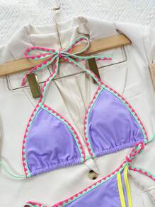 SHEIN ICON Summer Beach Two Tone Contrast Binding Tie Backless Halter Triangle Bikini Top - Violet Purple - View 4
