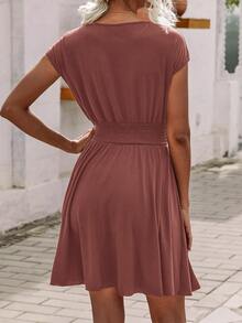 Overlap Collar Shirred Waist Dress - Dusty Pink - View 2