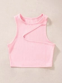 SHEIN Qutie Ribbed Knit Asymmetrical Tank Top - Baby Pink - View 4