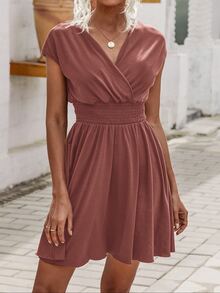 Overlap Collar Shirred Waist Dress - Dusty Pink - View 5
