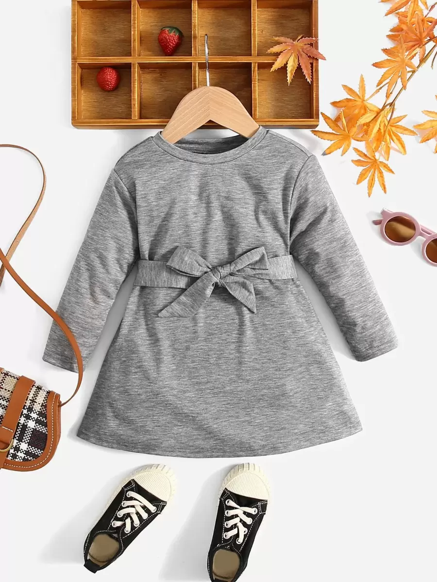 SHEIN Baby Solid Belted Dress - Grey - View 1