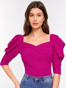 SHEIN Privé 再生滌羊腿袖V領襯衫 - 中紫紅色 - 查看 1