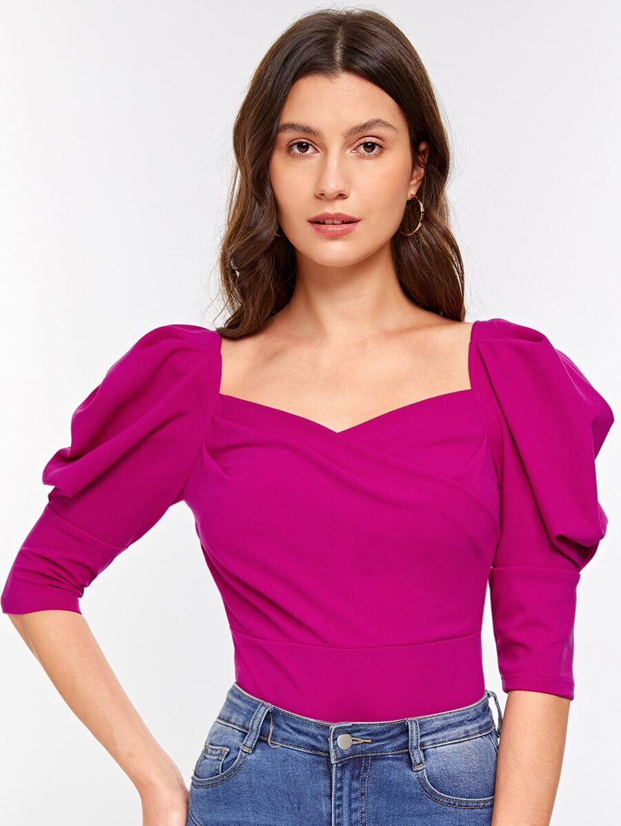 SHEIN Privé 再生滌羊腿袖V領襯衫 - 中紫紅色 - 查看 1