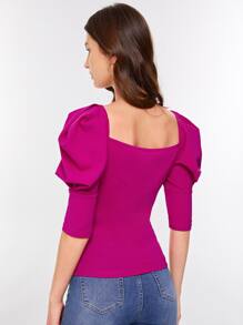 SHEIN Privé 再生滌羊腿袖V領襯衫 - 中紫紅色 - 查看 2