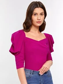 SHEIN Privé 再生滌羊腿袖V領襯衫 - 中紫紅色 - 查看 3