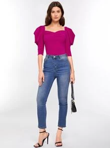 SHEIN Privé 再生滌羊腿袖V領襯衫 - 中紫紅色 - 查看 5