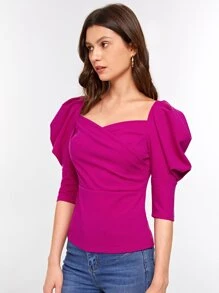 SHEIN Privé 再生滌羊腿袖V領襯衫 - 中紫紅色 - 查看 6