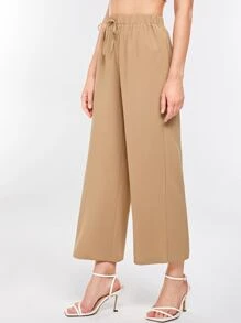 SHEIN Essnce Quần nữ Thắt nút màu trơn Giải trí - Màu Khaki - Xem 1