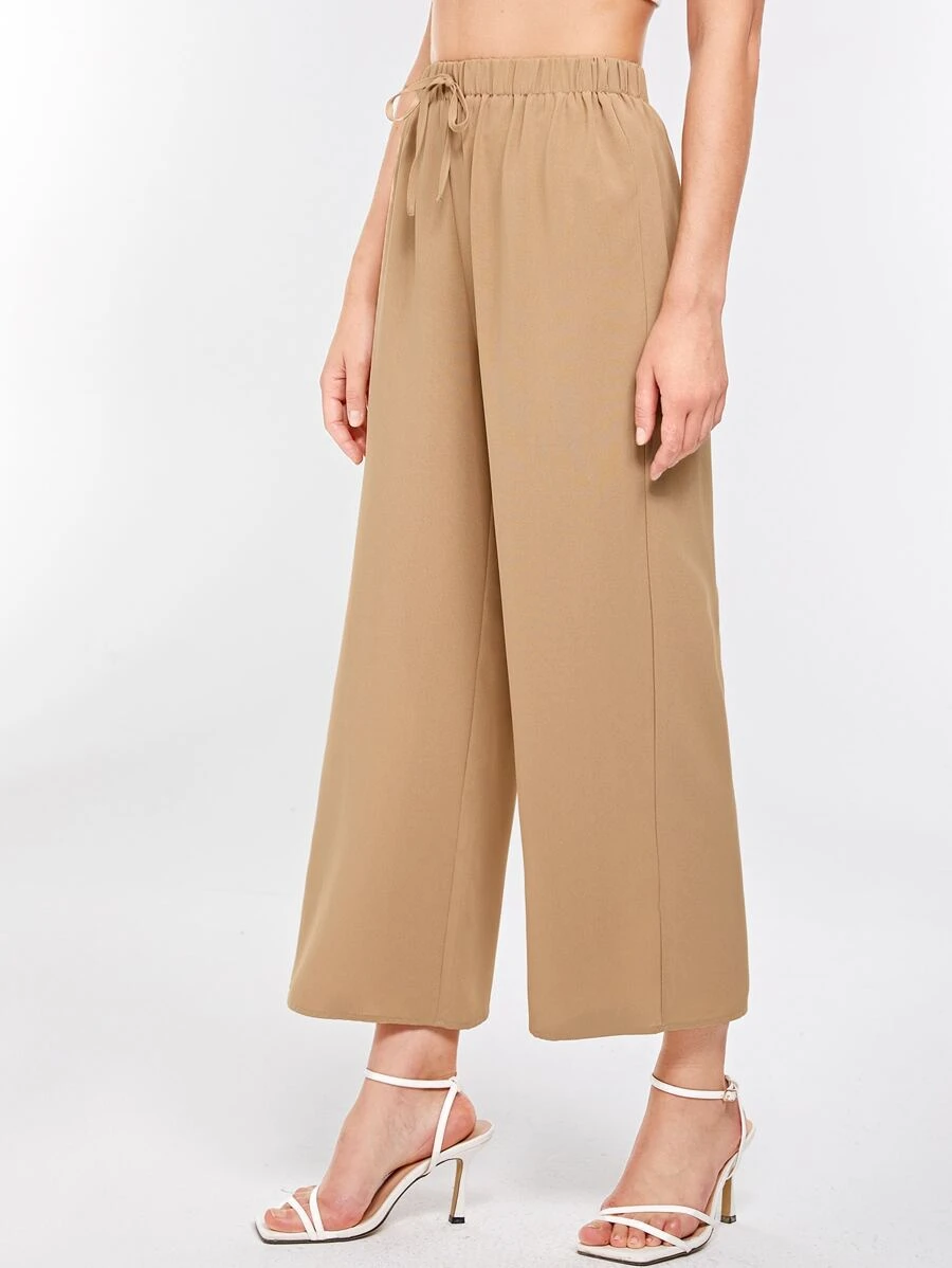SHEIN Essnce Quần nữ Thắt nút màu trơn Giải trí - Màu Khaki - Xem 1