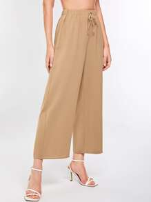 SHEIN Essnce Quần nữ Thắt nút màu trơn Giải trí - Màu Khaki - Xem 3