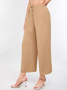 SHEIN Essnce Quần nữ Thắt nút màu trơn Giải trí - Màu Khaki - Xem 5