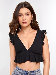 Soleia V-neck Ruffle Trim Crop Top - Black - View 2