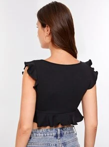 Soleia V-neck Ruffle Trim Crop Top - Black - View 3