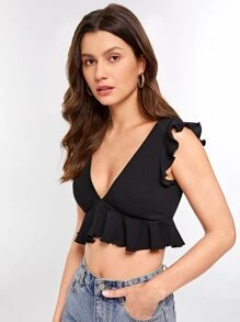 Soleia V-neck Ruffle Trim Crop Top - Black - View 5