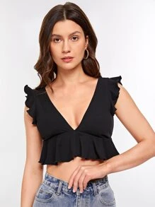 Soleia V-neck Ruffle Trim Crop Top - Black - View 6
