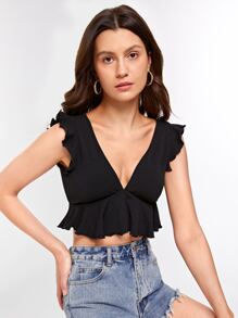 Soleia V-neck Ruffle Trim Crop Top - Black - View 7