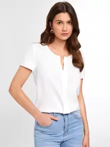 SHEIN LUNE Top de cuello notch con fruncido - Blanco - Ver 2