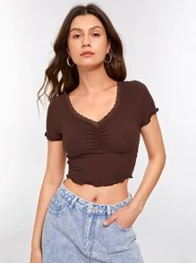 Muchica Camiseta corta ribete con encaje de manga raglán fruncido tejido de canalé - Marrón Chocolate - Ver 2