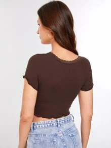 Muchica Camiseta corta ribete con encaje de manga raglán fruncido tejido de canalé - Marrón Chocolate - Ver 3
