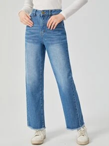 SHEIN 青少年女孩毛邊緣直筒牛仔褲 - 中等水洗藍 - 查看 1