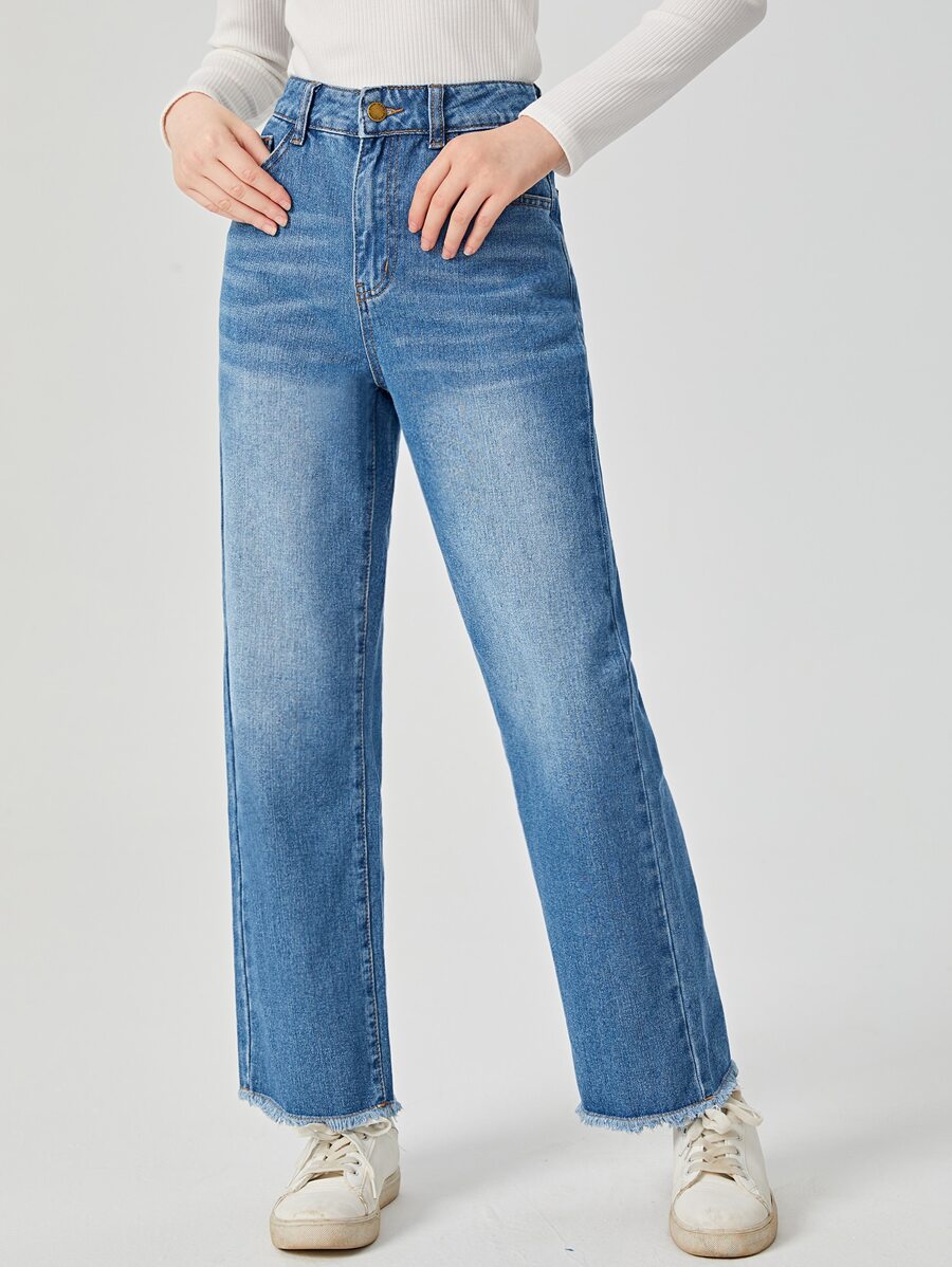 SHEIN 青少年女孩毛邊緣直筒牛仔褲 - 中等水洗藍 - 查看 1