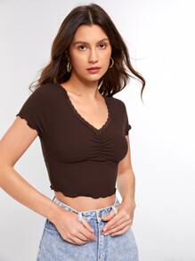 Muchica Camiseta corta ribete con encaje de manga raglán fruncido tejido de canalé - Marrón Chocolate - Ver 5