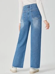 SHEIN 青少年女孩毛邊緣直筒牛仔褲 - 中等水洗藍 - 查看 2